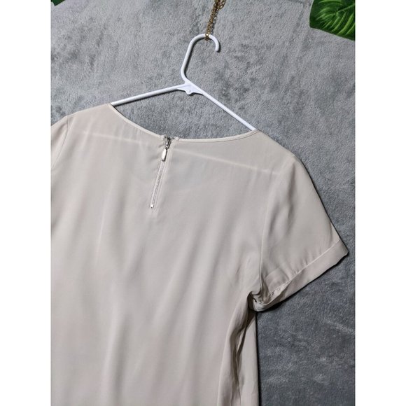 🍑EXPRESS Women Knit Tunic Solid Beige Round Neck Short Sleeve Zip Close M(8-10) - Picture 5 of 11